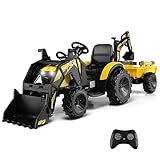 COSTWAY 3 in 1 Ride on Tractor and Trailer, 12V Battery Powered Electric Excavator Bulldozer with Shovel Bucket, Digger, Remote Control, LED Lights, Music, MP3 & USB Port (Yellow) - Image 1