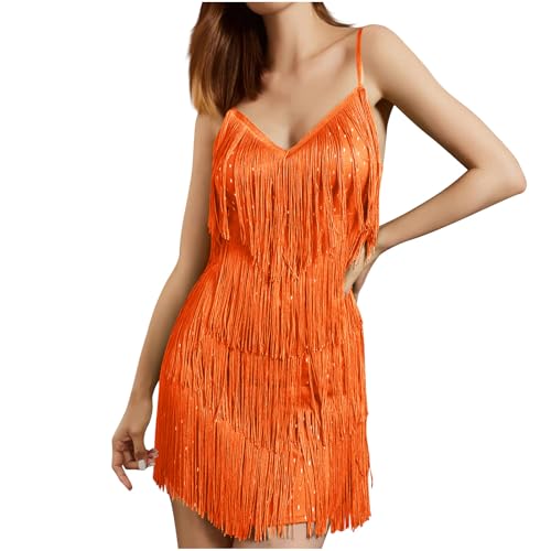 Cocktail Dresses for Women Flapper Dresses 1920s Gatsby with All-Over Tassel Fringe Mini Dresses Prom Party Dress Orange