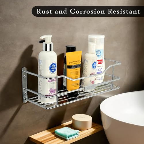Image of Kuber Industries Pack of 3 Stainless Steel Bathroom Shelf for Wall - Washroom Organizer Shampoo Holder Stand & 12 Inch Kitchen Storage Rack - Silver