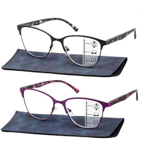 SUNAMOY Progressive Multifocal Reading Glasses Women Cat Eye No Line Multifocus Transition Blue Light Reader Lady Spring Hinge Metal Frame (Black+Purple, 1.75 Diopters)
