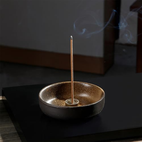 Räucherstäbchenhalter Keramik 9 cm Mit Messing Einsatz, Handgefertigter Räucherstäbchen Halter Für Meditation & Yoga, Runde Aromaschale Dämmerungsglasur, Räucherstäbchen Halter Deko Geschenk