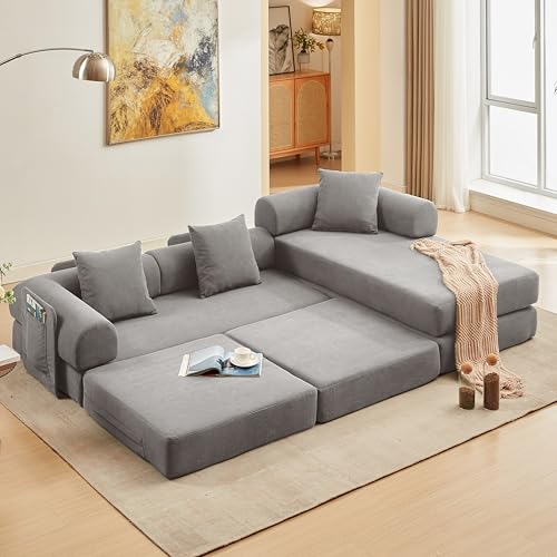 Image of 107 inch Modular Sectional Sofa Bed, L-Shape Corduroy Boneless Couch, Grey