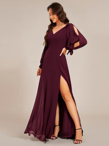 Image of Ever-Pretty Women's Fall Winter Formal Wedding Guest Dress Long Sleeve V Neck Chiffon Floor Length Bridesmaid Dresses 80116