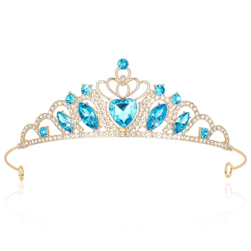 CAVETEE Crown and Tiara for WomenPrincess Tiara Heart Crystal Rhinestone Crown happy birthday decorations for Birthday Party Wedding Pageant Hair Accessory (Blue one size)