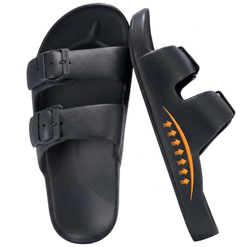 QIGEGE Women's Platform Sandals with Arch Support, Pillow Recovery Slides Adjustable Double Buckle Waterproof EVA Cloud Slides for Women, Black, 7 UK