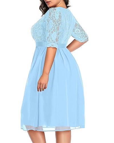 Image of Pinup Fashion Plus Size Lace Chiffon Wrap V Neck Dresses Women Cocktail Wedding Guest Midi Dress