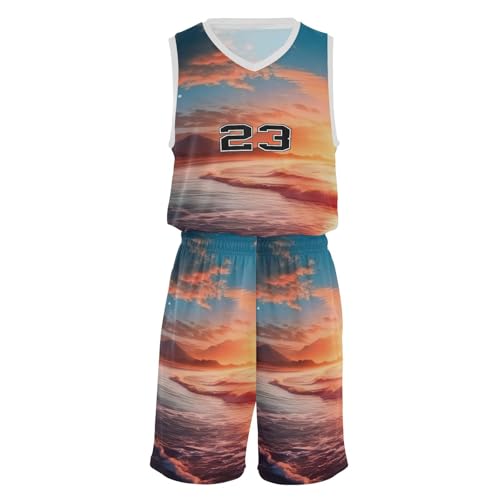 FLildon Seacoast Seascape Sunset Boys Basketball Jersey Set Tank Top Shorts Tracksuit Sport Training Suit for Kids, M