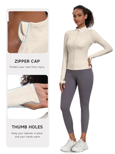 VUTRU Jaqueta feminina de ioga para treino leve e slim fit, jaqueta atlética com zíper completo, Beg