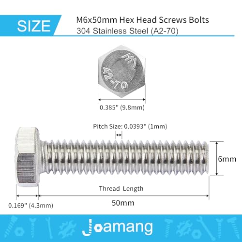 Image of M6-1.0 x 50mm Hex Head Screws Bolts, M6 x 1.0 Bolt, 304 Stainless Steel(A2-70), Hexagon Head Bolts, Metric Fully Thread, Bright Finish, Quantity 10