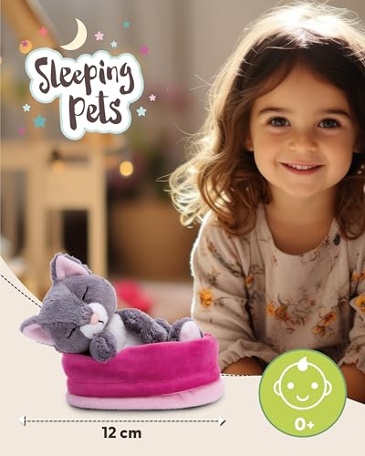 Kuscheltier Katze grau 12cm schlafend im Körbchen