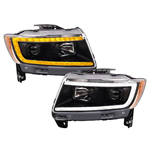 Image of TRQ Performance Driver and Passenger Side Headlight Assembly Set Black Housing Compatible with 11-13 Jeep Grand Cherokee Halogen Only