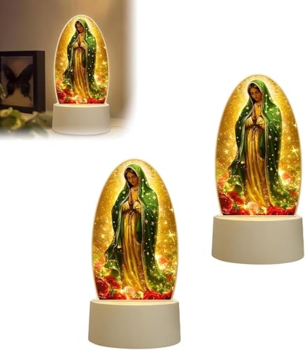 Guadalupe - Lámpara de oración virgen, lámpara religiosa alimentada por USB con brillo cálido, luz nocturna de oración María, lámparas de mesa LED católicas para mujeres religiosas, madre, bendita
