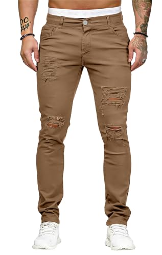 Image of HUNGSON Men's Blue Slim Fit Jeans Stretch Destroyed Ripped Skinny Jeans Side Striped Denim Pants
