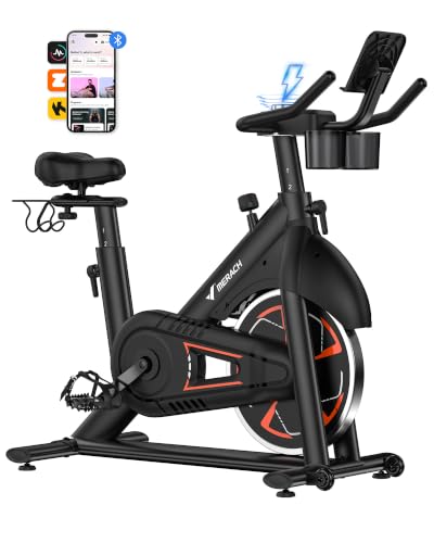 Image of Merach Magnetic Exercise Bike, Low Noise Stationary Bike for Home with Comfortable Seat Cushion, Spinning Bike with 330 lb Weight Capacity, Exclusive App, Tablet Mount and Fitness Courses