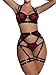 Lilosy Sexy Strappy Underwire Push Up Garter Belt Lingerie Set Harness Cutout Outfits Matching Bra Panty 3 Piece Women Red Velvet Large