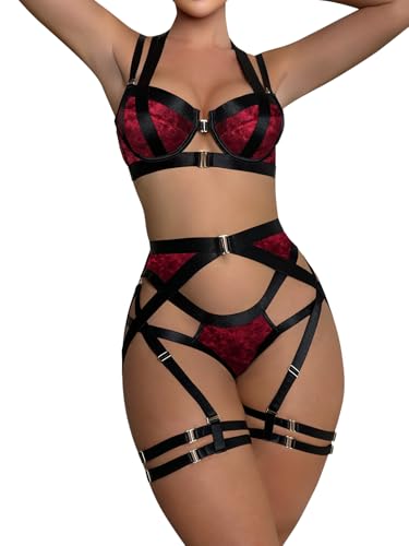 Foto de Lilosy - Conjunto de lencería sensual para mujer, liguero con arnés, bragas y brasier con varillas y tirantes delgados, 3 piezas (imagen 3)