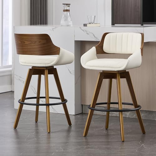 Swivel Bar Stools Set of 2, Walnut Counter Height Bar Stools with Back and Arms, 26″ Modern Faux Leather Upholstered Bar Chairs for Kitchen Island Bar-Beige