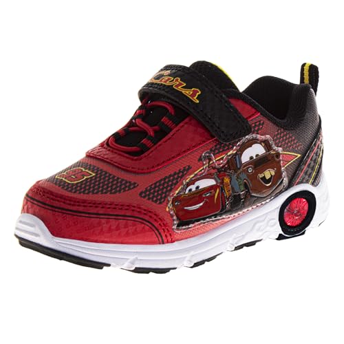 Cars Sneakers with Lights - Lightning McQueen LED Light Up Shoe - Laceless Lightweight Breathable Athletic Shoes for Boys - Red (Size 10 Toddler)