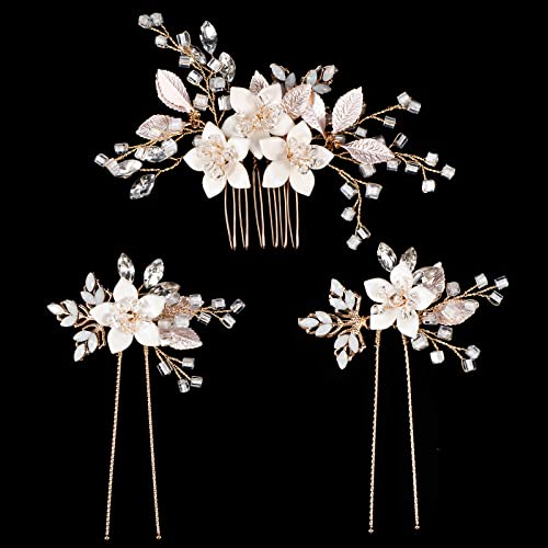 3 Pieces Bridal Hair Comb Rose Gold Crystal Wedding Bridal Hair Pieces Retro Beaded Wedding Hair Pin Rhinestone Bridal Hair Accessories Handmade Wedding Hair Clips For Brides And Bridesmaid, 2 Styles #TOP6