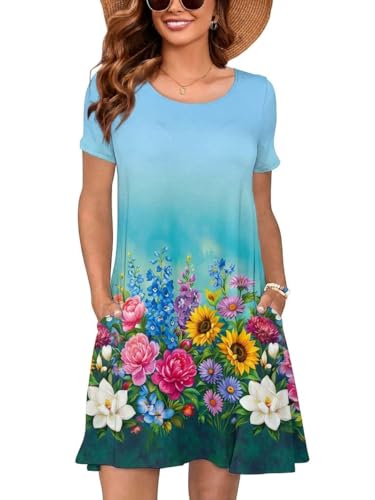 Image of Heymoments Women's Short Sleeve Crewneck Sundress Summer Casual A-Line Beach Dress with Pockets S-2XL