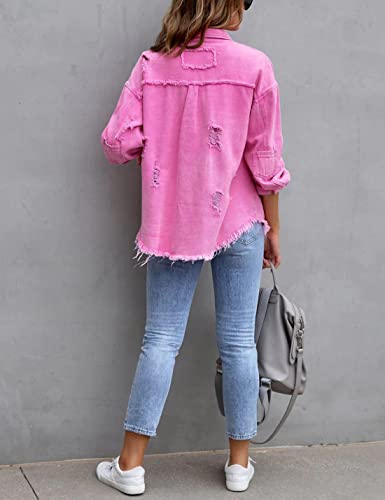 Puwei Ripped Fringe Jean Jacket Women Distressed Washed Button Down Frayed Denim Shacket With Pocket(2536-Pink-M) #TOP6