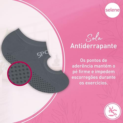 SELENE Kit 03 Pares de Meia Sapatilha Alta Performance Antiderrapante Yoga Pilates Adulto, 3 Preto,