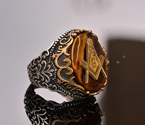 Masonic Bronze Piece, Golden Mystery, Natural Tiger Eye Gemstone Ring, Sterling Silver Ring, #TOP3