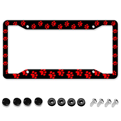 License Plate Frames Red Dog Cat Paw Print Black Cute Car License Plate Holder Funny Aluminum Vintage Front Car Frame Cover Decor with 4 Holes for Women Men() - GUWEI GW-1