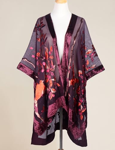 Image of Women's Burnout Velvet Kimono Long Cardigan Cover Up Casual Outfit