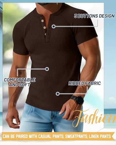 3 Pack Men's Big and Tall Ribbed Henley Shirts Short Sleeve Raglan Casual T-Shirts Classic Summer Button Placket Tee3