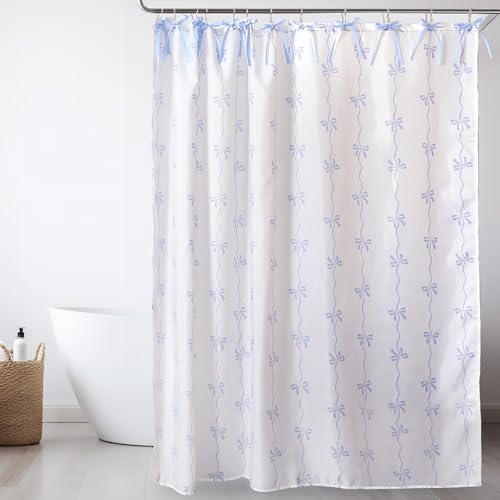 27 Pcs Coquette Blue Bow Shower Curtain Hooks Blue Bow Ribbons 72x72 Inch Handcrafted Fabric Cloth Shower Curtains for Girls Gift Bathroom Home Coquette Party Decor Supplies Favor