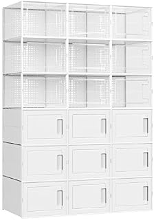 SONGMICS Shoe Boxes, Set of 18 Plastic Shoe Storage Organisers, Stackable and Foldable for Trainers, Fit up to UK Size 9, 9 Transparent Bins and 9 White Bins LSP009W01