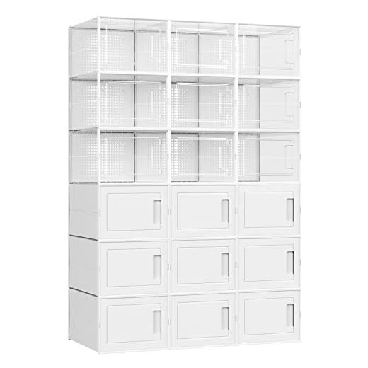SONGMICS Cajas para zapatos, juego de 18, cajas de plástico, apilables, para zapatillas, para zapatos de hasta la talla 44, 9 cajas transparentes y 9 cajas blancas LSP009W01