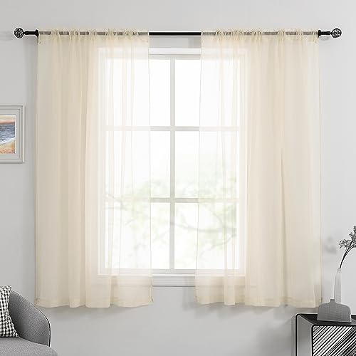 HUTO Cream Beige Sheer Curtains 63 Inch Length Rod Pocket