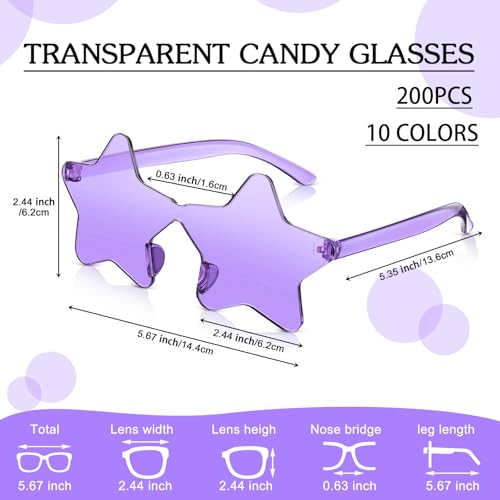 Image of Kanayu 200 Pair Star Shaped Rimless Sunglasses Transparent Star Candy Color Pentagram Glasses for Adult