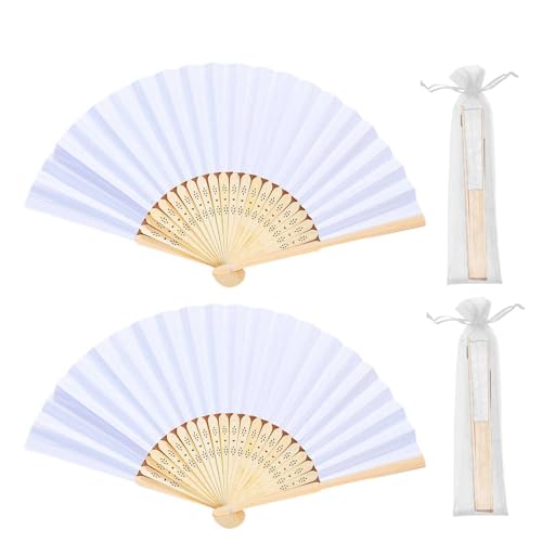 2 ventagli pieghevoli bianchi per matrimonio, pieghevoli, scomparti di carta pieghevoli, scomparti pieghevoli con borsa per fan, piccoli scomparti in tessuto, scomparti per matrimoni, compleanni