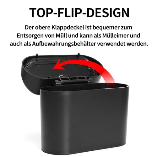 Coztie Mülleimer Auto mit 105 Stück Müllsäcke, Automülleinmer, Mülleimer Klein, Automülleinmer Mit Deckel, Accessoires für Familie Büro Küche Autos Vordersitz Zubehör 15,5 x 6,5 x 14 cm Schwarz