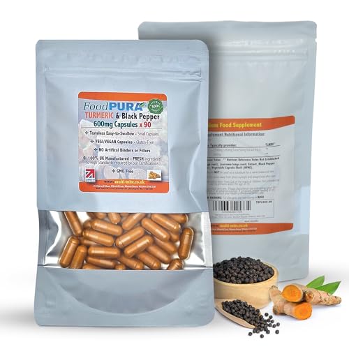 FoodPURA 90 x Turmeric with Black Pepper Capsules 600mg HACCP Certified, Manufactured in The UK by FoodPURA (Pack of 90 Capsules)