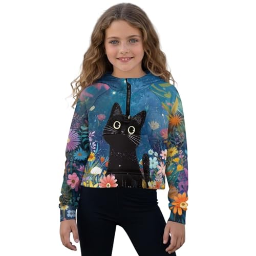 Sweat à capuche fille avec demi-fermeture éclair, vêtement automne imprimé chat noir 5-14 ans