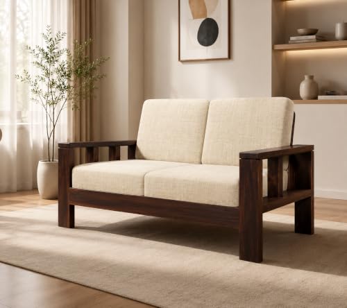 Image of Sheesham Wooden 2 Seater Sofa for Living Room | Rosewood 2 Seater Cushion Sofa for Home & Office | Solid Wood Sofa Set for Lounge (Walnut, 2 Seater)