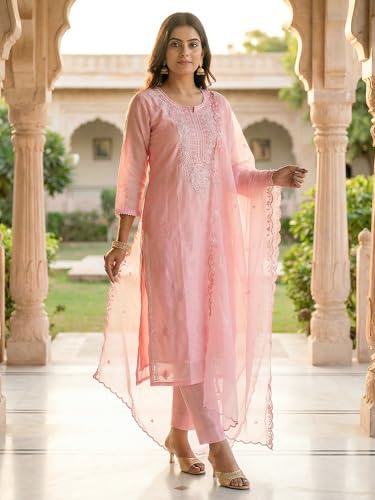 Image of INDO ERA Women's Silk Blend Embroidered Thread Work Kurta & Pant with Dupatta Set | Suit Set For Women
