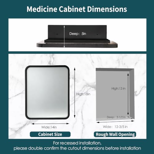 Image of Movo Black Metal Framed Bathroom Mirror Medicine Cabinet,14 Inch x 18 Inch Recessed Wall Mounted Medicine Cabinet with Mirror,Aluminum Storage Cabinet for Bathroom Vanity
