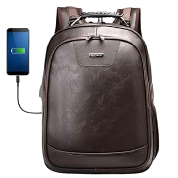 Mochila de Couro Masculina Feminina Notebook Executiva Reforçada Resistente Impermeável Faculdade Trabalho Viagem Alça Cabo De Aço e Saida para Usb e fone de ouvido (Marrom)