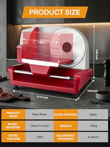 Image of FOHERE 250W Meat Slicer Machine for Home, Electric Food Slicer with Stainless Steel Tray & Three 7.5 inch Stainless Steel Blade, 0-15mm Precise Thickness Deli Meat Slicer for Bread Fruit Vegetable (Red)