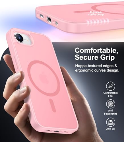 Carcasa iPhone 16e magnética rosa translúcida con protector pantalla antiarañazos 5