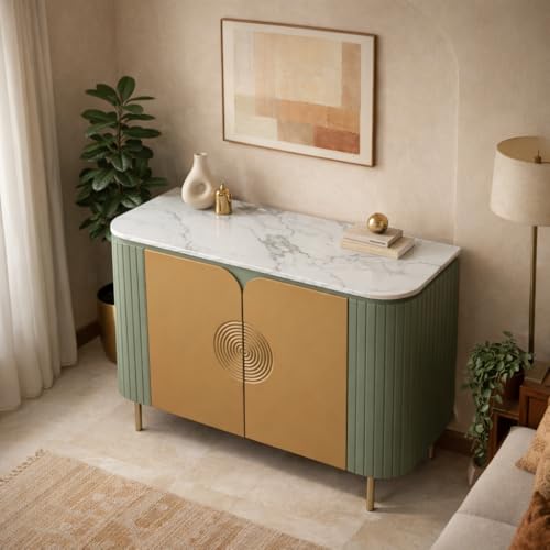 Image of Solid Wood Mandala Sideboard Cabinet with Sintered Stone Top for Living Room | 119.8 x 39.8 x 85 cm | Olive Green and Premium Acrylic Terracotta Brown Finish