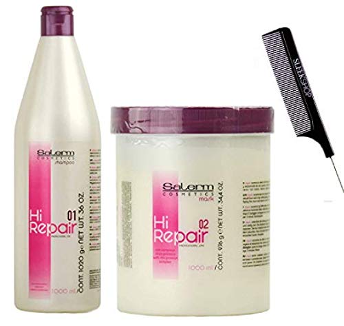 Salerm HI REPAIR Shampoo & Mask Conditioner DUO SET, High Repair Damaged Hair for Strong, Full Bodied Shine Softness (W/Sleek Comb) Masque (1000 ml (36 oz) + 1000 ml (36 oz) LARGE DUO KIT)