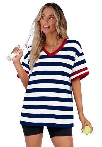 Image of WIHOLL Womens T Shirts Loose Fit Short Sleeve Tees V Neck Color Block Summer Tops 2026 Fashion S-4XL