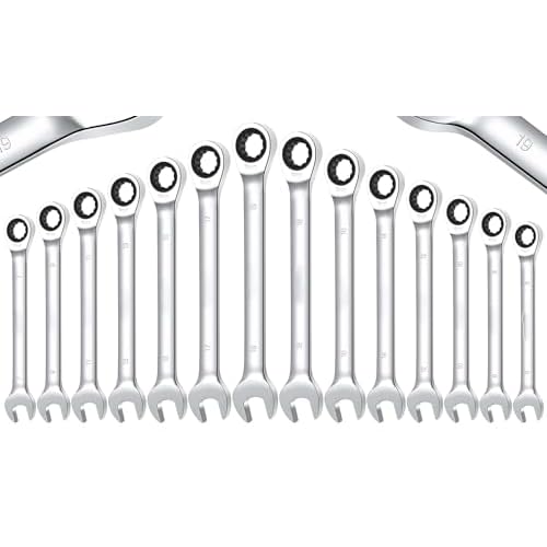 Fixed-Head Wrench Set, 14-Piece Metric 6-19 mm Ratcheting Wrench Set, Fixed Head Ratcheting Combination Wrenchs with Storage Bag for truck/garage proj