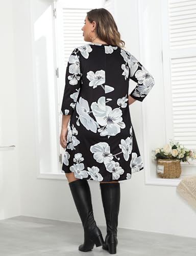 Image of Tanst Sky Womens Casual Round Neck Plus Size Floral Tunic Shirt Dress with Pockets